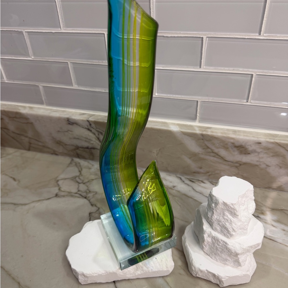 Hand Blown Art Glass Abstract Sculpture Green Blue Murano Style Modern Decor - Picture 3 of 4